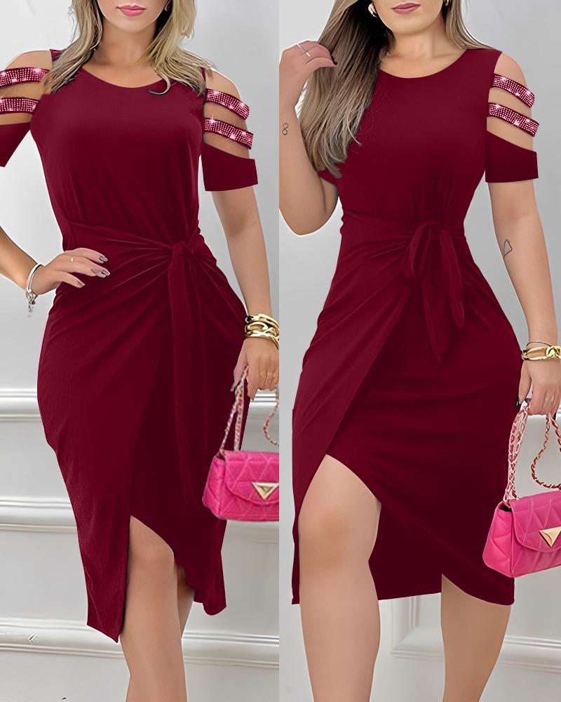 

Rhinestone Cutout Draped Cold Shoulder Bodycon Dress, Wine red