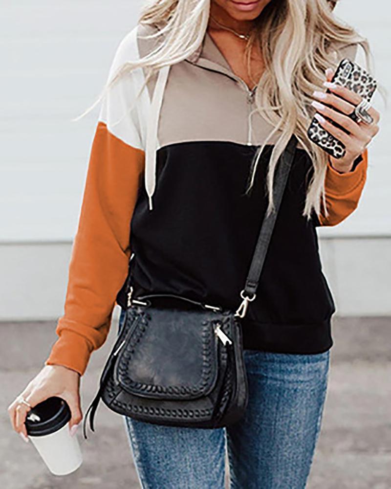 

Colorblock Zipper Design Long Sleeve Hooded Sweatshirt, Orange