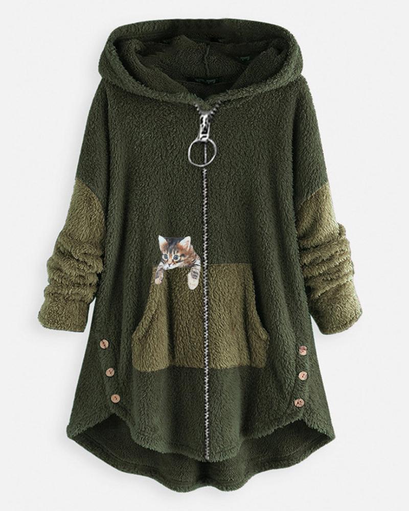 

Cat Print Long Sleeve Hooded Zip Up Teddy Coat, Green