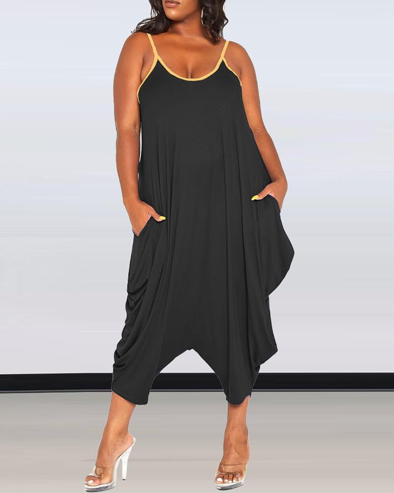 

Plus Size Contrast Binding Draped Detail Harem Jumpsuit, Black