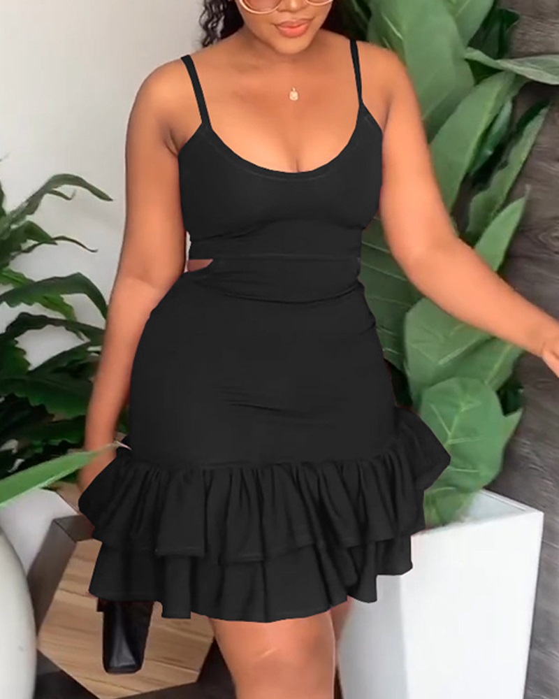

Layered Ruffle Hem Cutout Cami Dress, Black