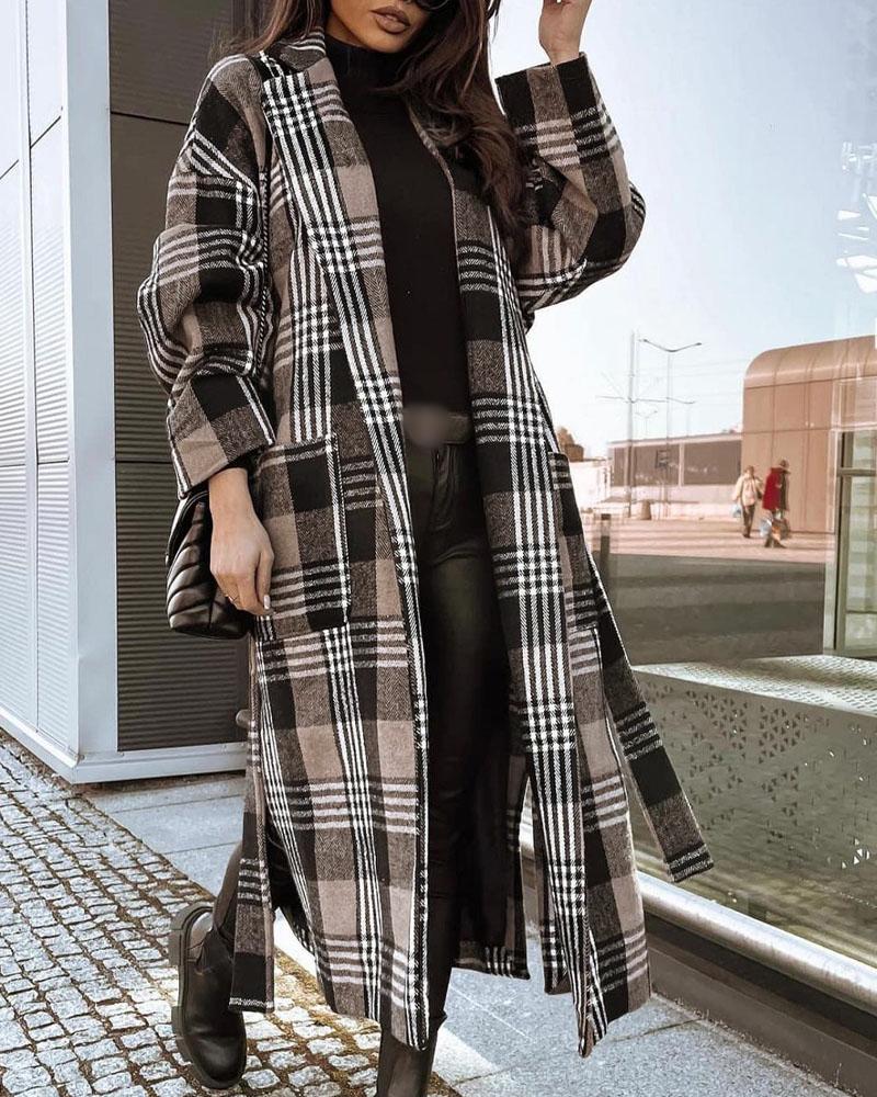 

Plaid Print Patch Pocket Split Hem Belted Longline Coat, Khaki