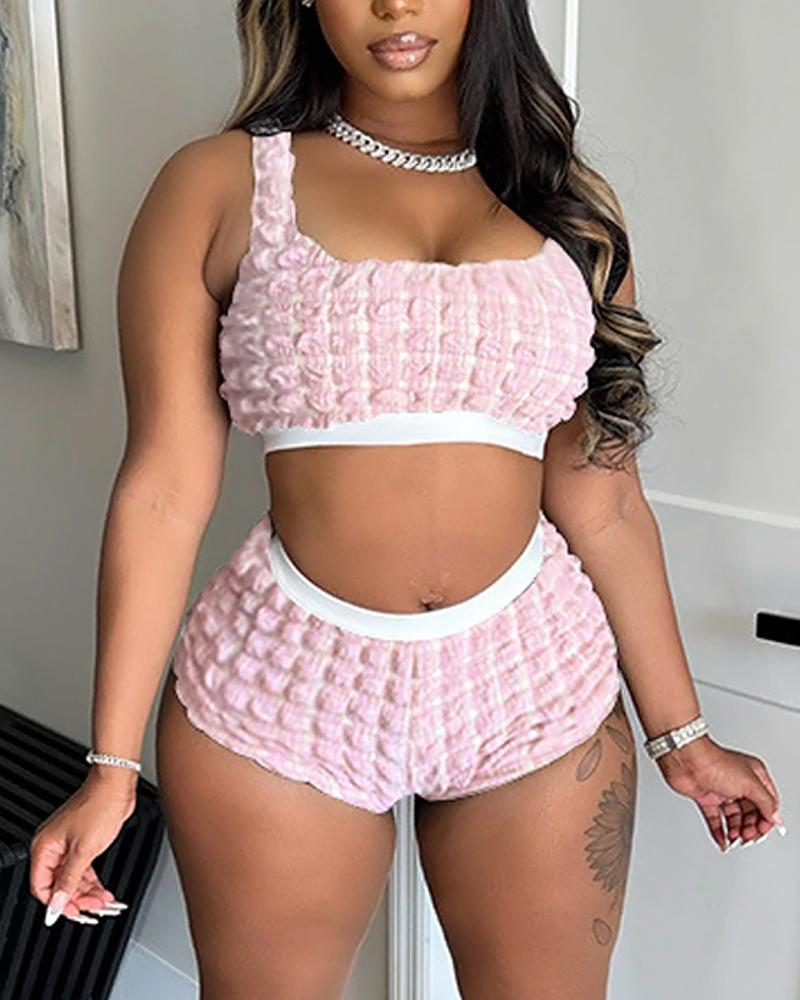 

Textured Square Neck Crop Top & Shorts Set, Pink