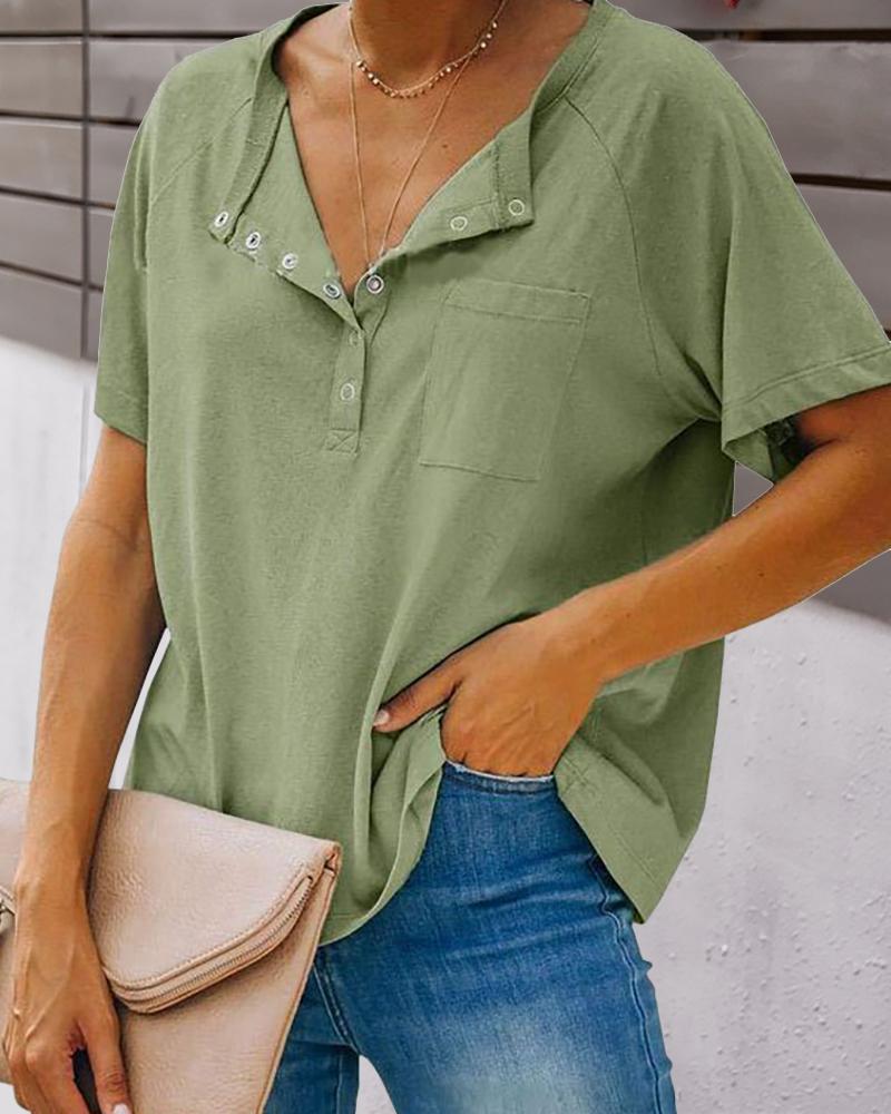 

Round Neck Plain Short Sleeve Button Pocket T-Shirt, Green