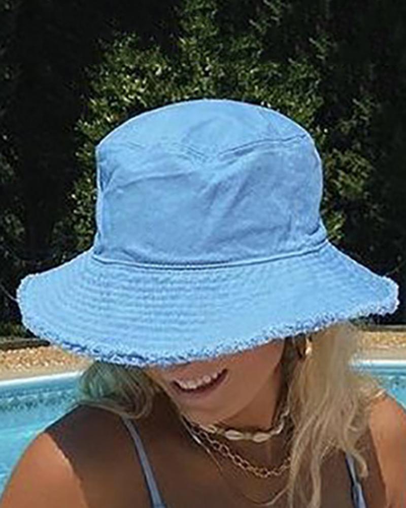 

Fringe Hem Wide Brim Sun Bucket Fishing Hat, Blue