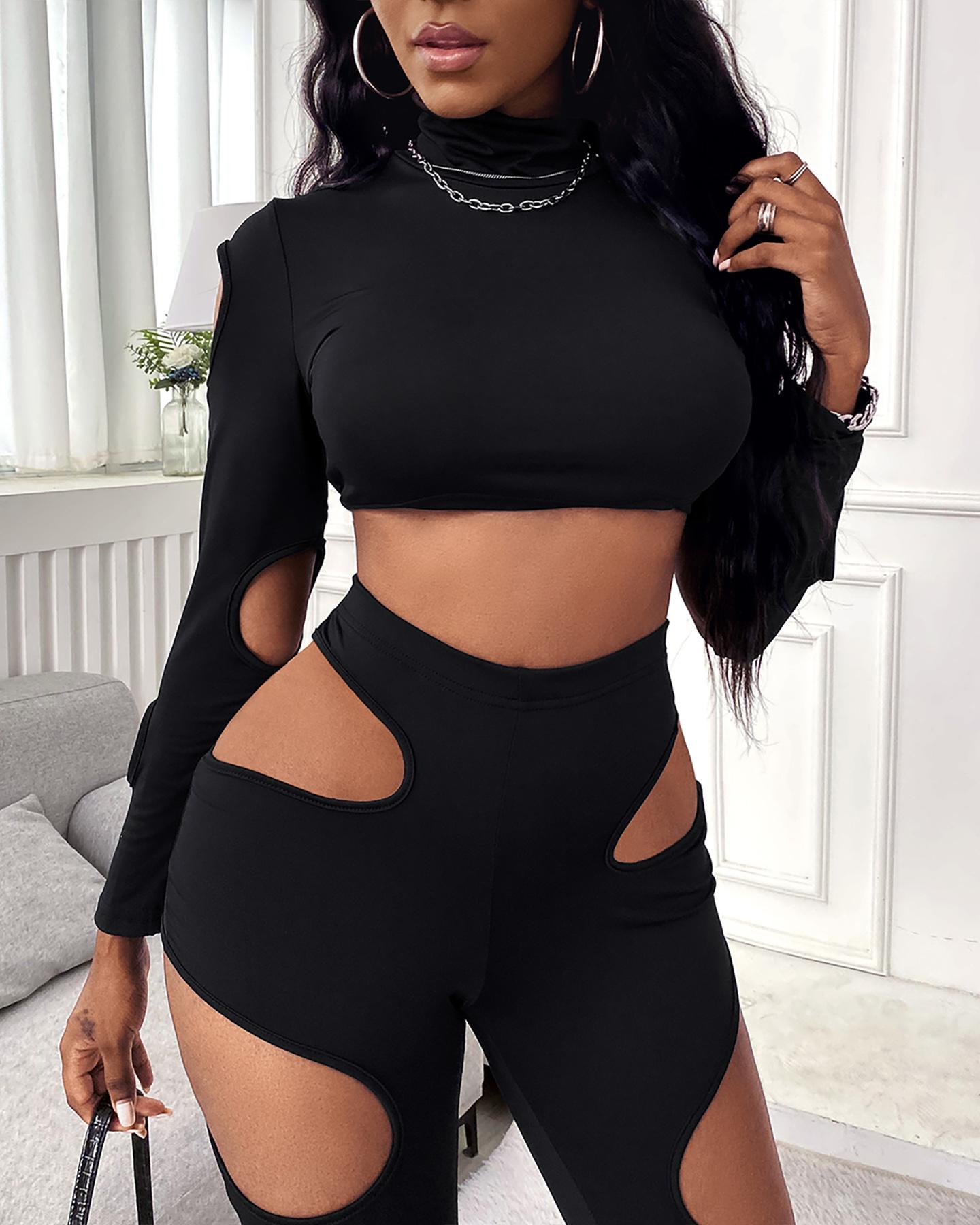 

Cutout Plain Skinny Top & Pants Set, Black