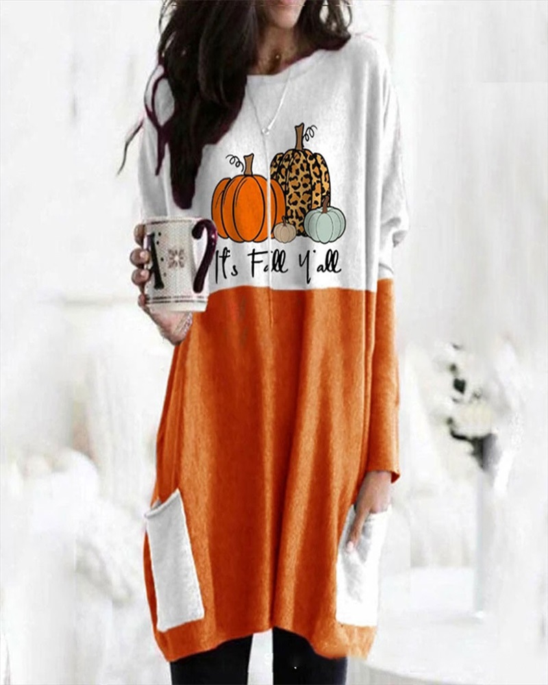 

Halloween Pumpkin Print Pocket Detail Long Sleeve Dress, Orange