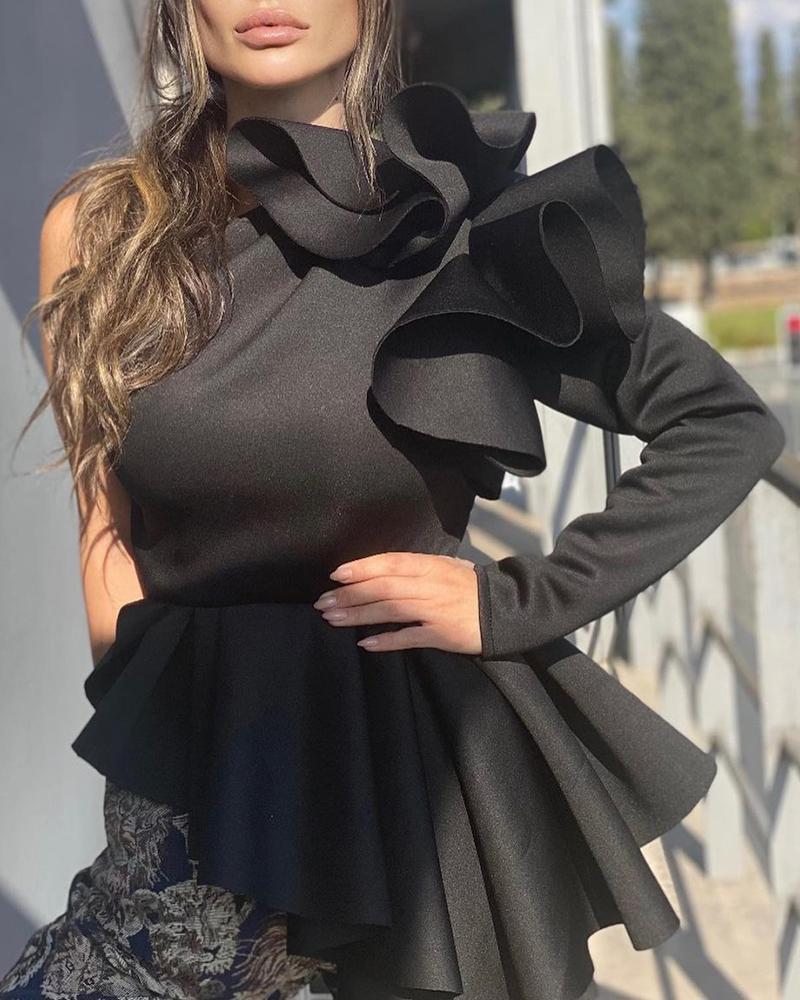 

Long Sleeve One Shoulder Exaggerated Ruffles Top, Black