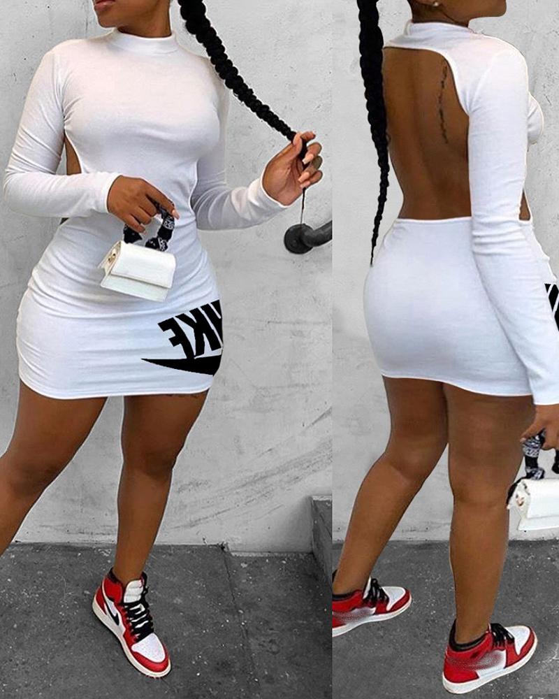 

Letter Print Cutout Backless Long Sleeve Bodycon Dress, White