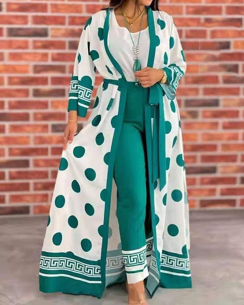 

Plus Size Tank Top & Pants Set With Polka Dot Print Cardigan, Green