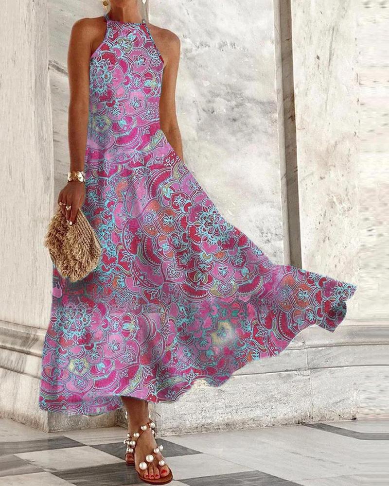 

Halter Floral Print Knit Swing Dress, Purple