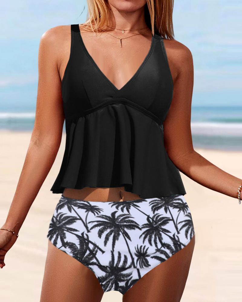 

Ruffle Hem V-Neck Tankini Set, Black