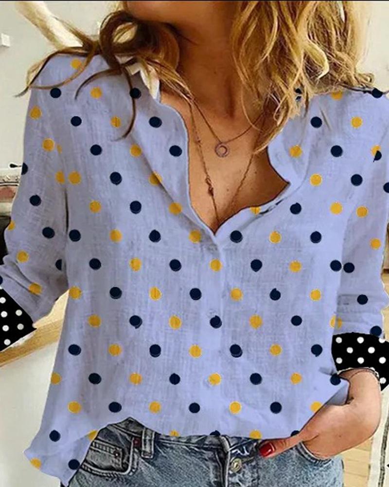 

Polkadot Print Colorblock Long Sleeve Shirt, Blue