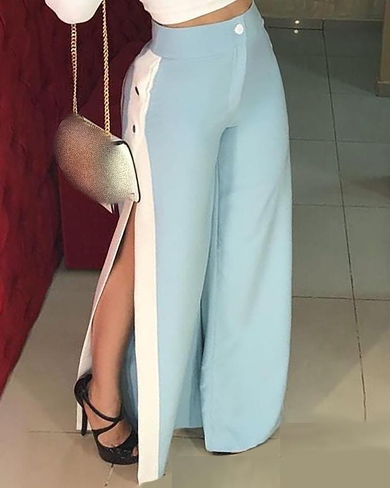 

Striped Print High Slit Wide Leg Pants, Sky blue