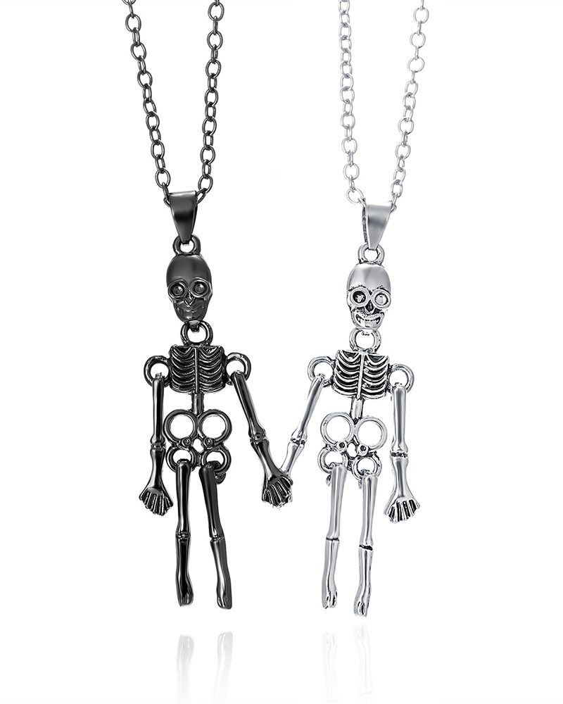 

2pcs Halloween Holding Hands Skeleton Couple Necklaces Set, Style2