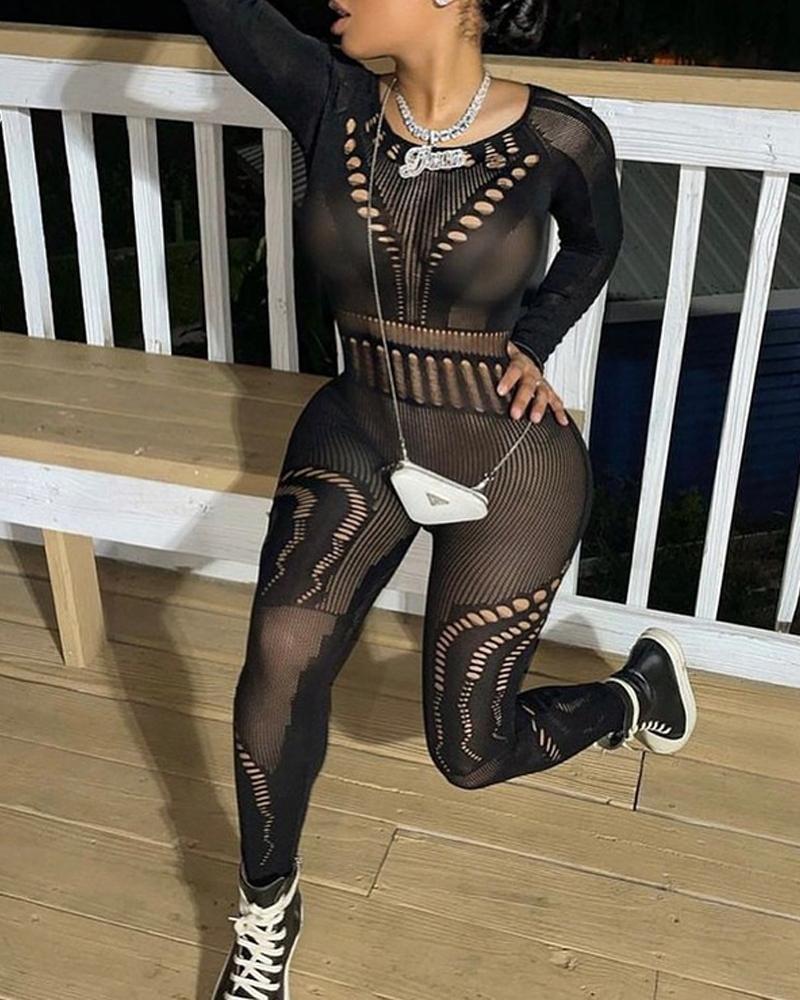 

Hollow Out Backless Long Sleeve Skinny Jumpsuit, Black