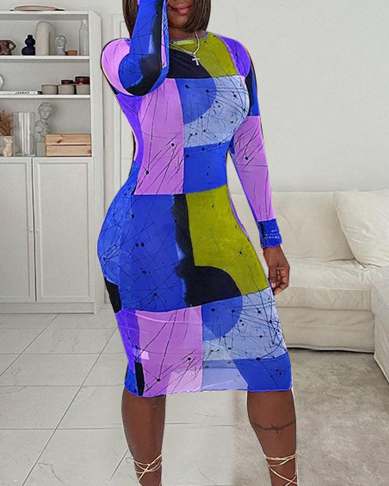 

Abstract Print Long Sleeve Mesh Bodycon Dress, Dark blue