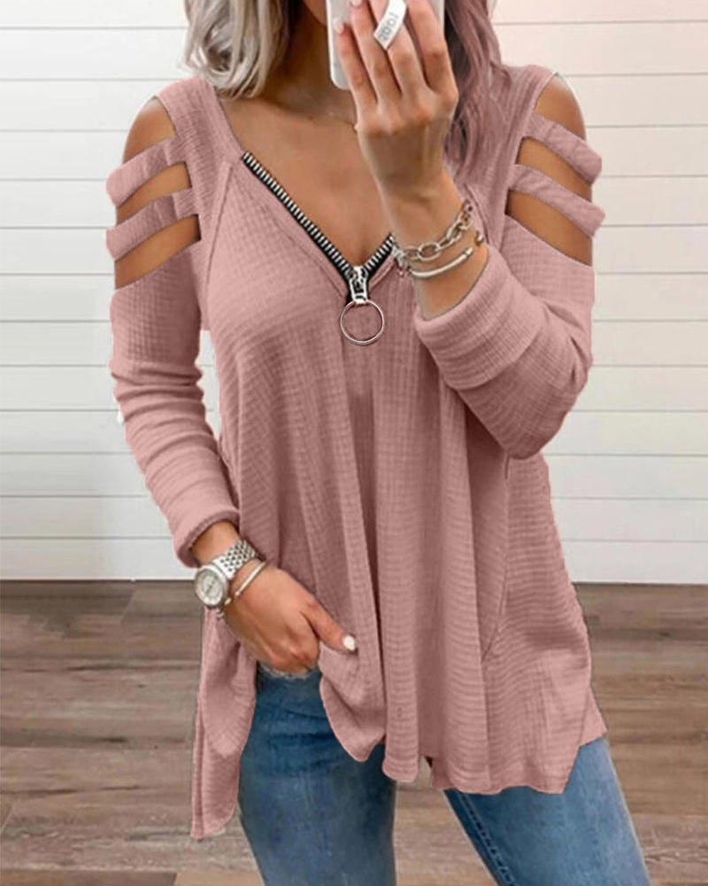 

Zipper Design Cutout Long Sleeve Top, Pink