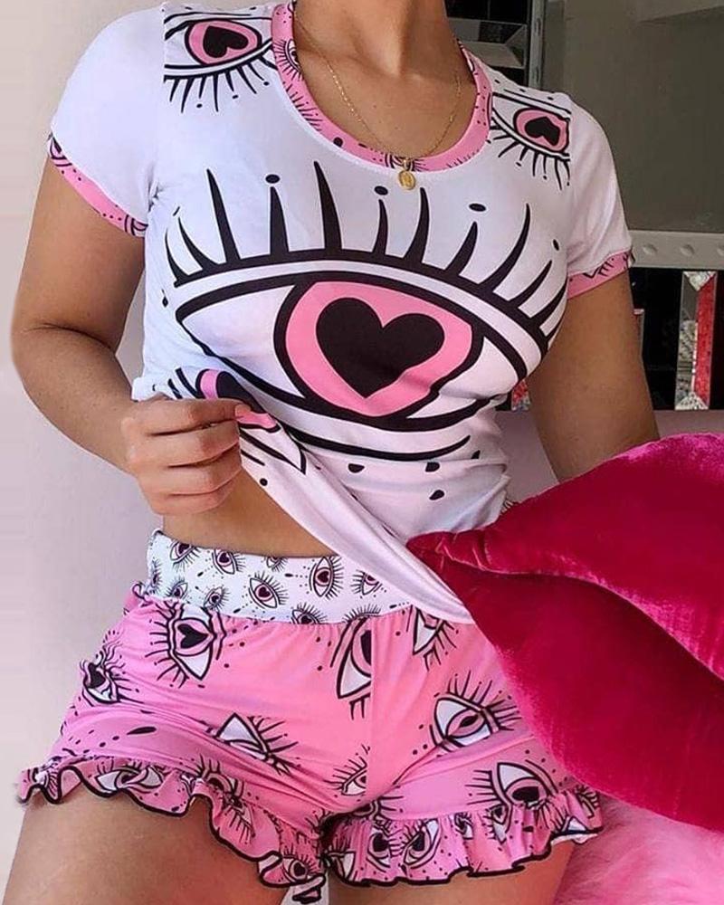 

Eye Print High Waist Ruffle Hem Pajamas Sets, Pink