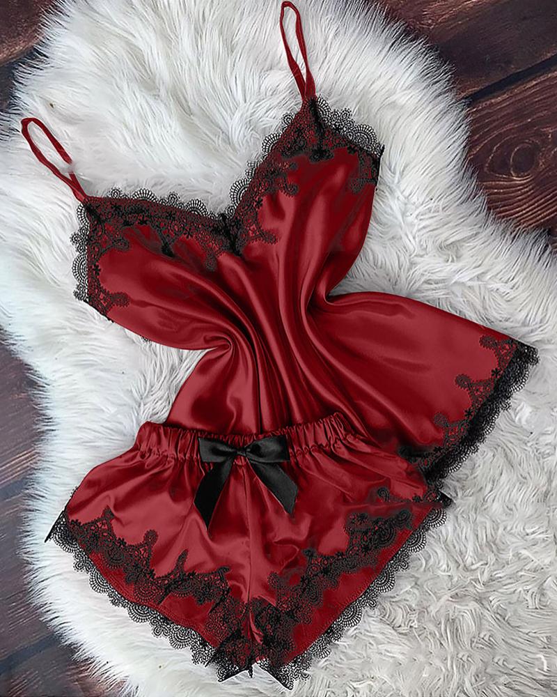 

Contrast Lace Bowknot Cami Set, Wine red