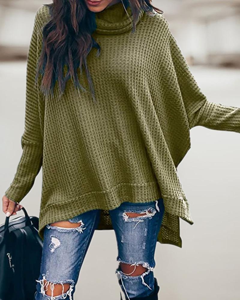 

High Neck Asymmetrical Slit Waffle Knit Sweater, Green