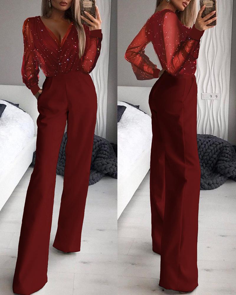 

Glitter Contrast Mesh Straight Leg Jumpsuit, Wine red