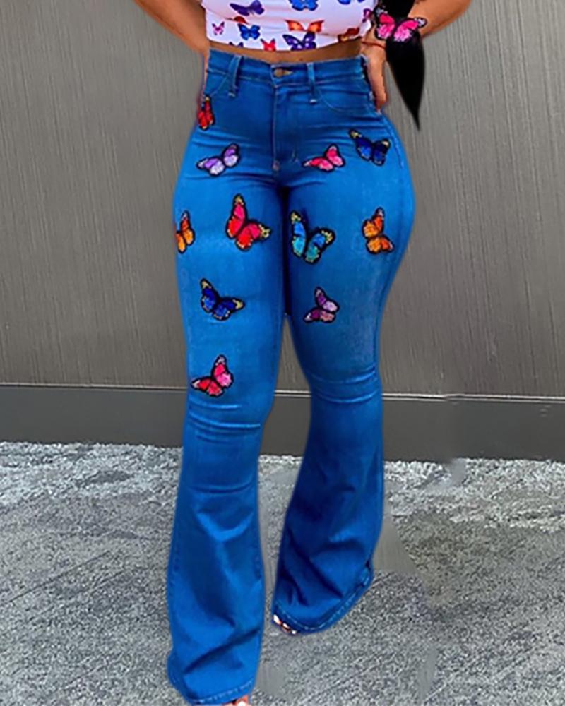 

Butterfly Embroidery High Waist Denim Pants, Dark blue