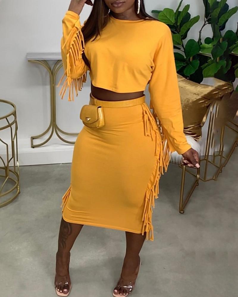 

Tassel Design Long Sleeve Top & High Waist Skirt Set, Yellow