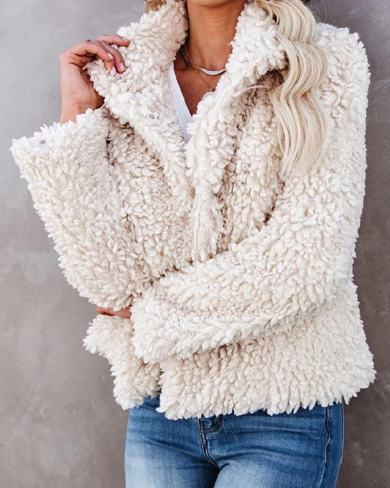 

Long Sleeve Open Front Casual Teddy Coat, White