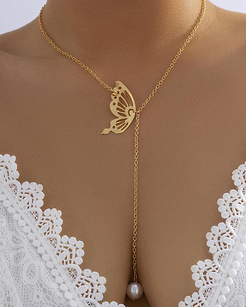 

1pc Butterfly Pearl Decor Pendant Necklace, Gold