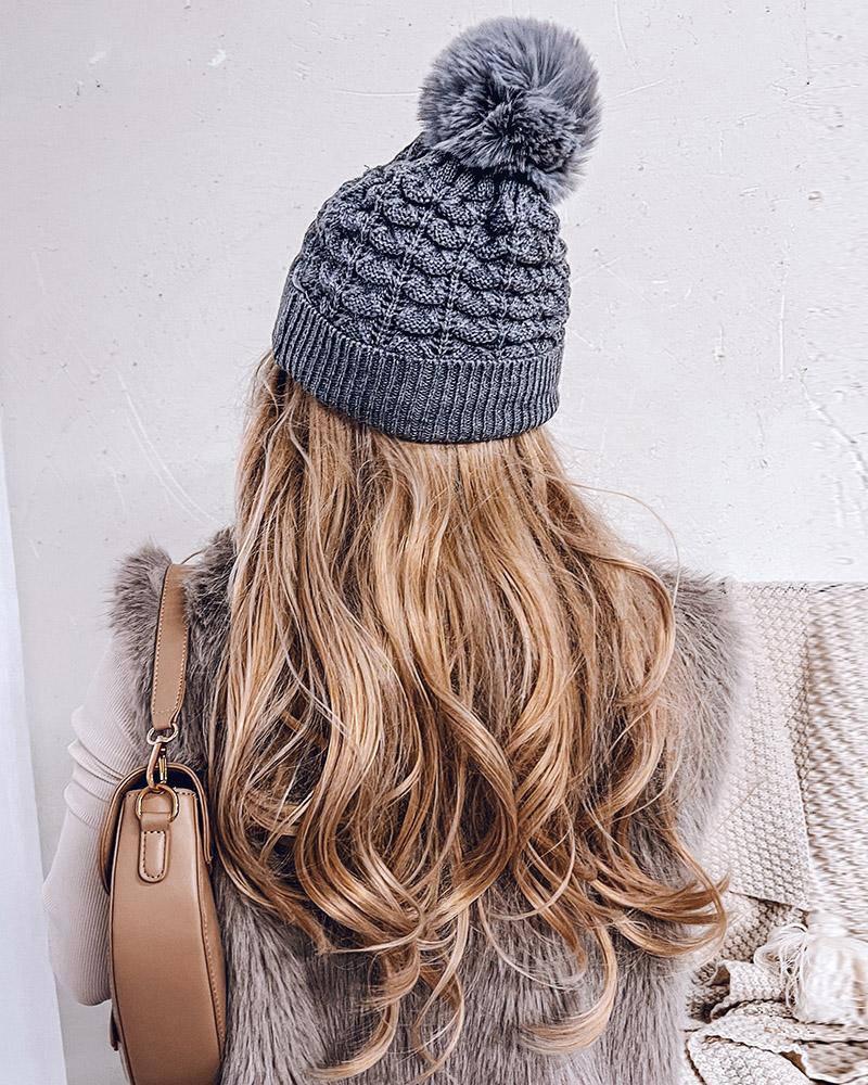 

Braided Pom Pom Decor Knit Beanie, Gray