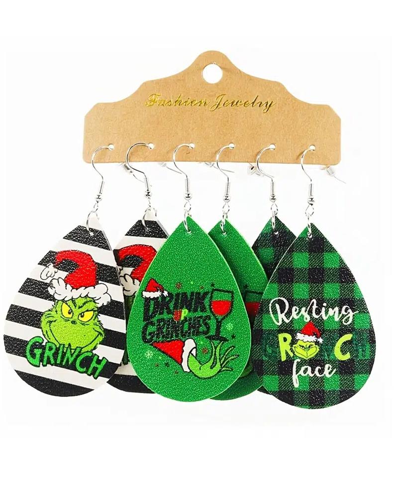 

3Pairs Christmas Graphic Waterdrop Earrings Set, Green