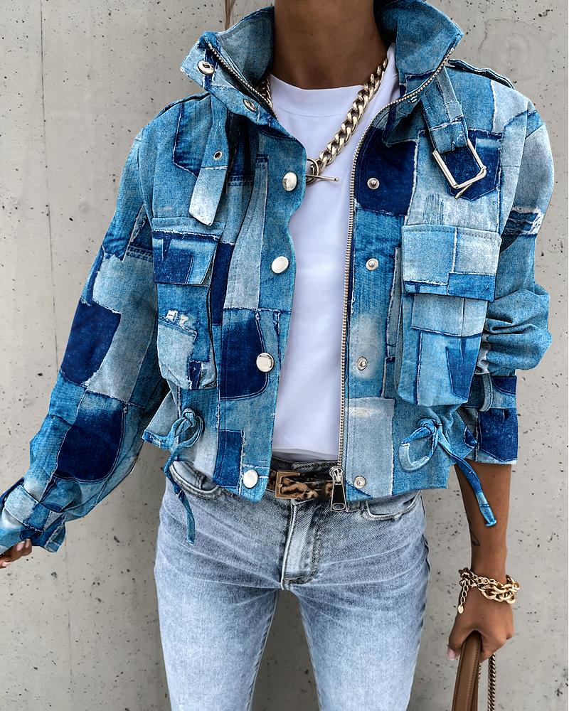

Denim Look Print Long Sleeve Zip Up Biker Jacket, Blue