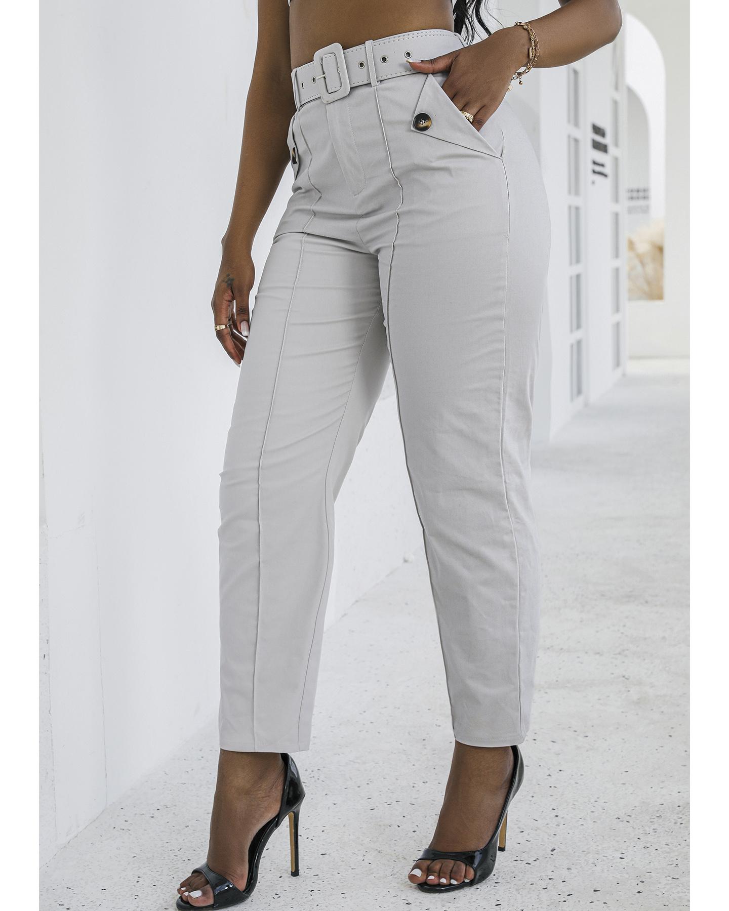 

Pocket Design Buttoned Casual Pants, Light gray