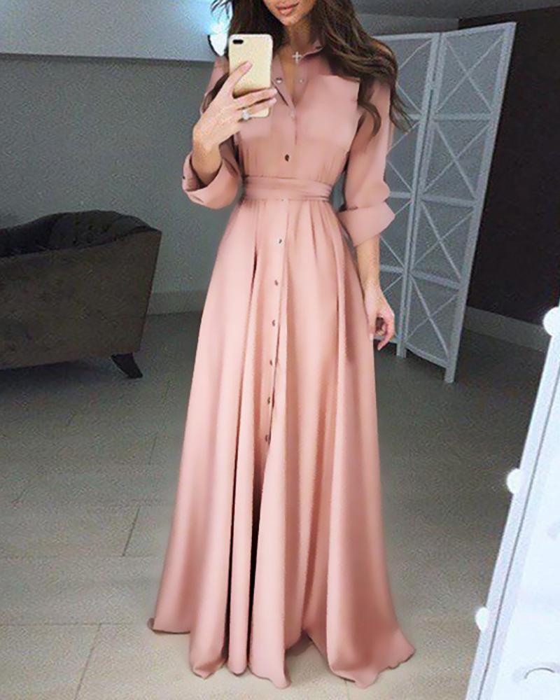 

Button Design Long Sleeve Maxi Women Dress, Pink