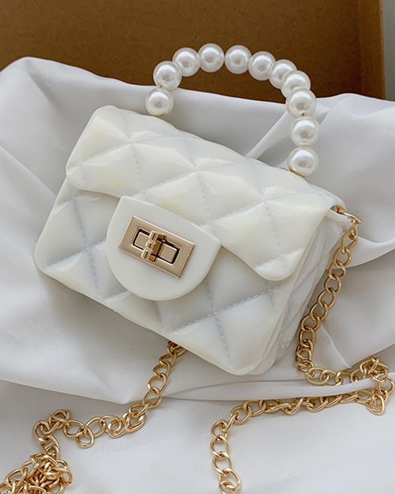 

Pastel Quilted Pearls Top Handle Chain Strap Mini Change Bag, White