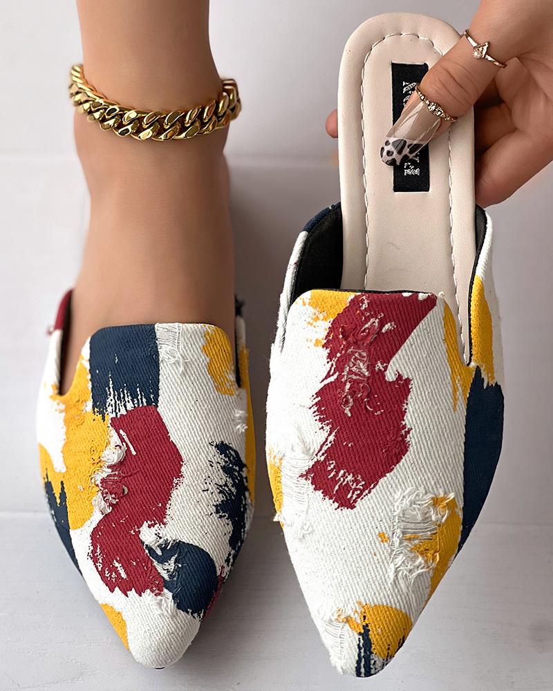 

Ink Splash Print Ripped Slippers Point Toe Mules, Multicolor