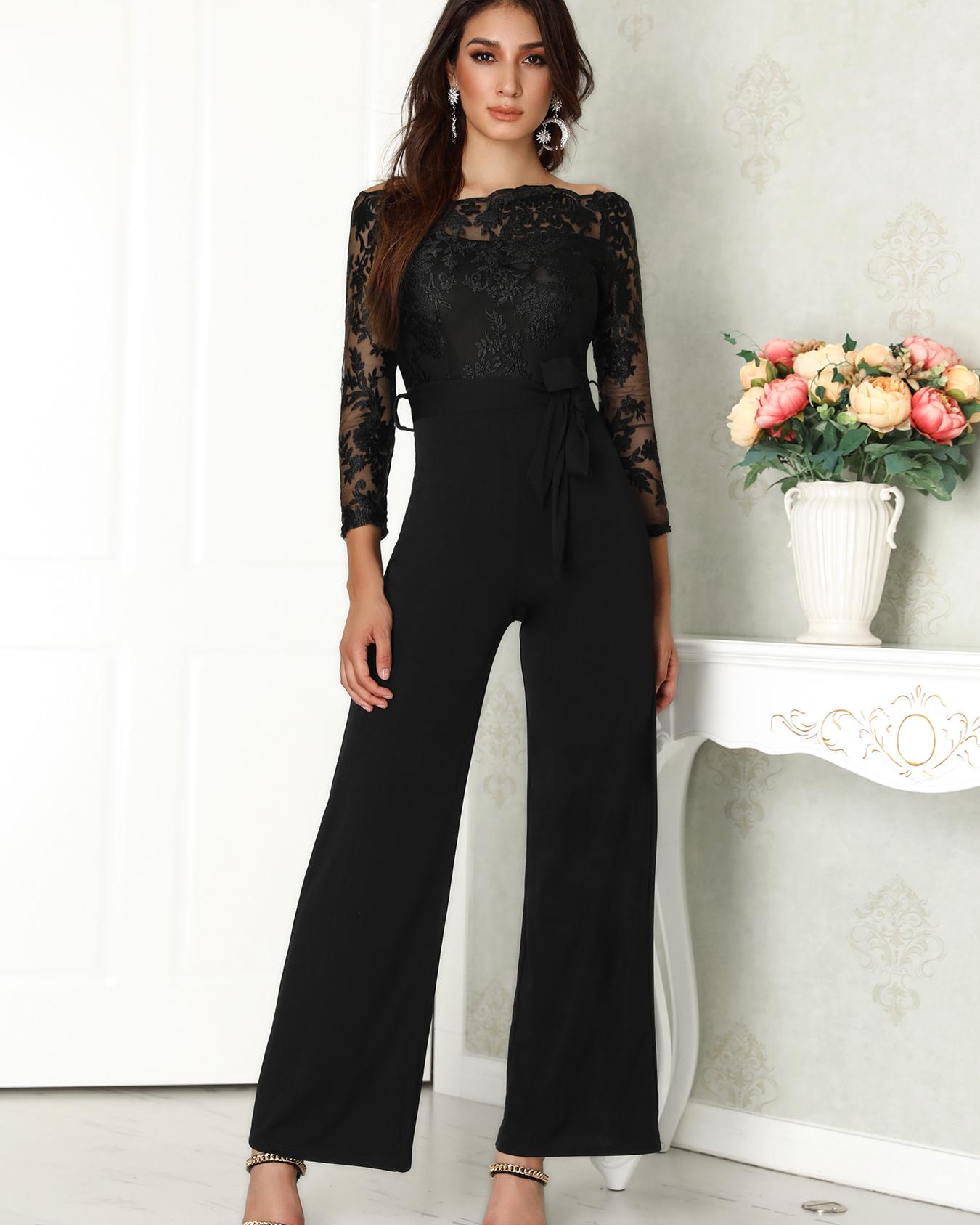 

Off Shoulder Guipure Lace Bodice Jumpsuit, Black