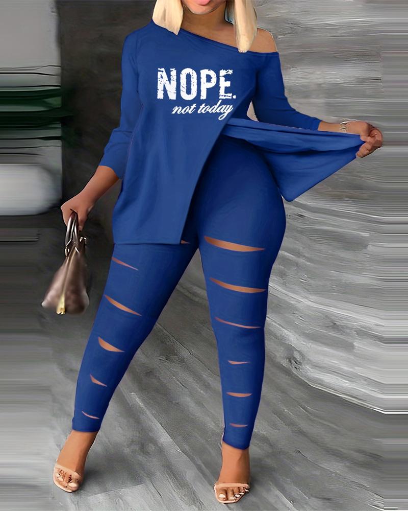 

Plus Size Nope Not Today Split Hem Top & Pants Set, Blue