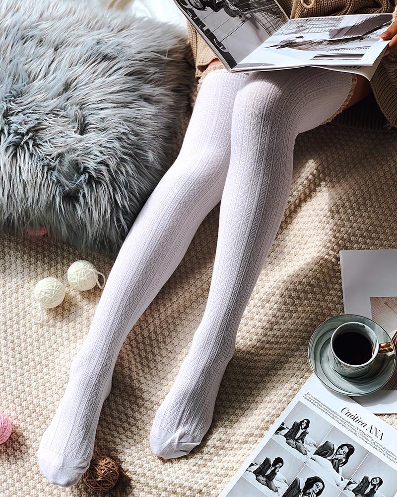 

Lace Trim Colorblock Over The Knee Socks, White