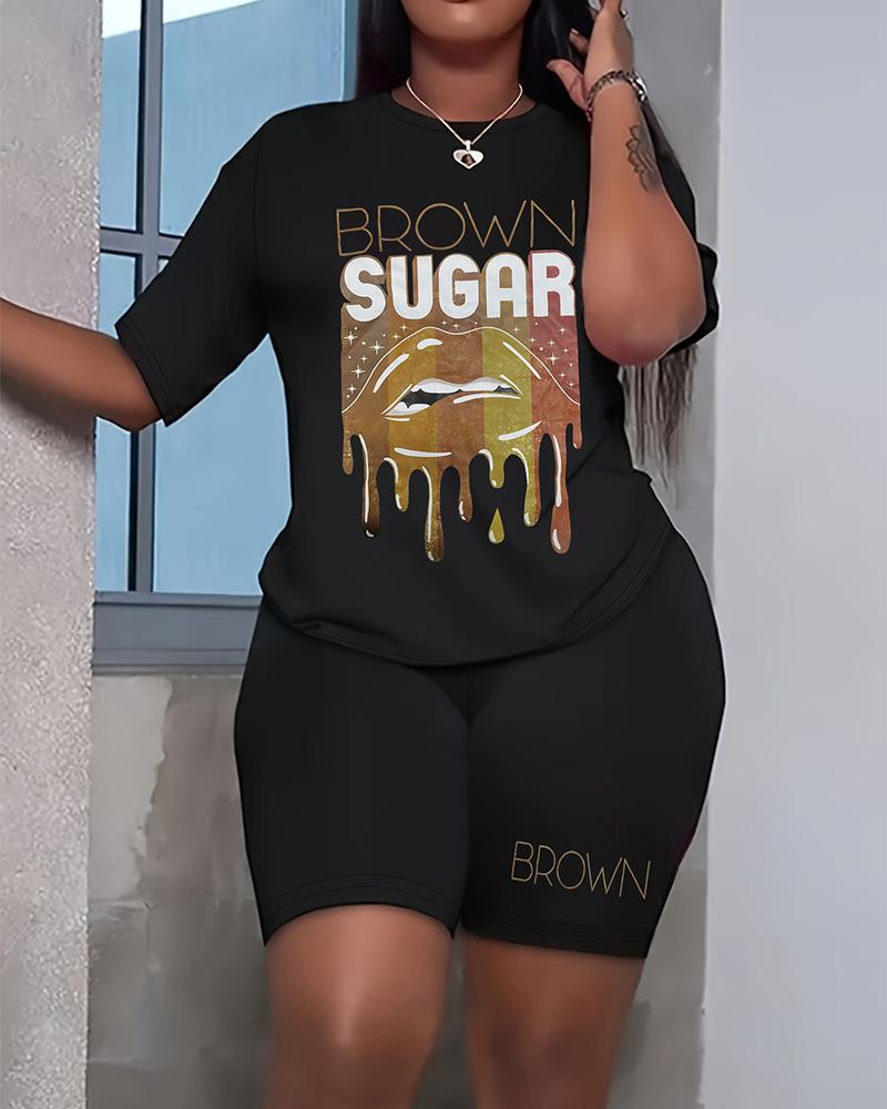 

Brown Sugar Lip Print Crew Neck T-shirt & High Waist Shorts Set, Black