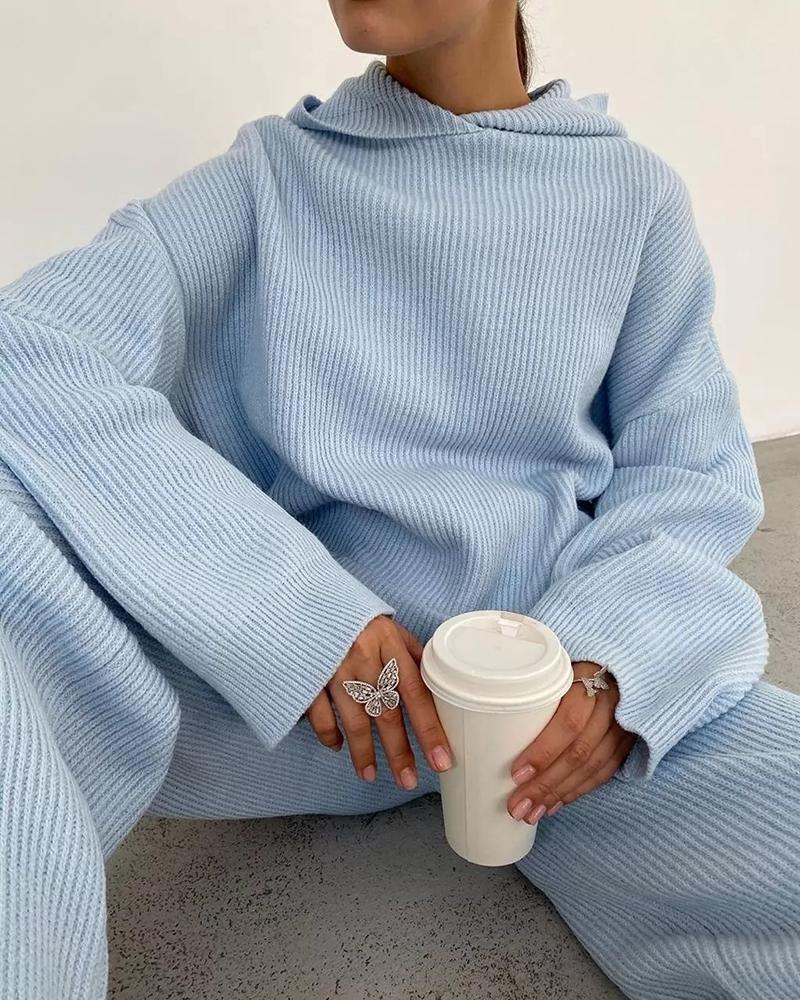 

Long Sleeve Ribbed Hooded Top & Drawstring Pants Set, Blue