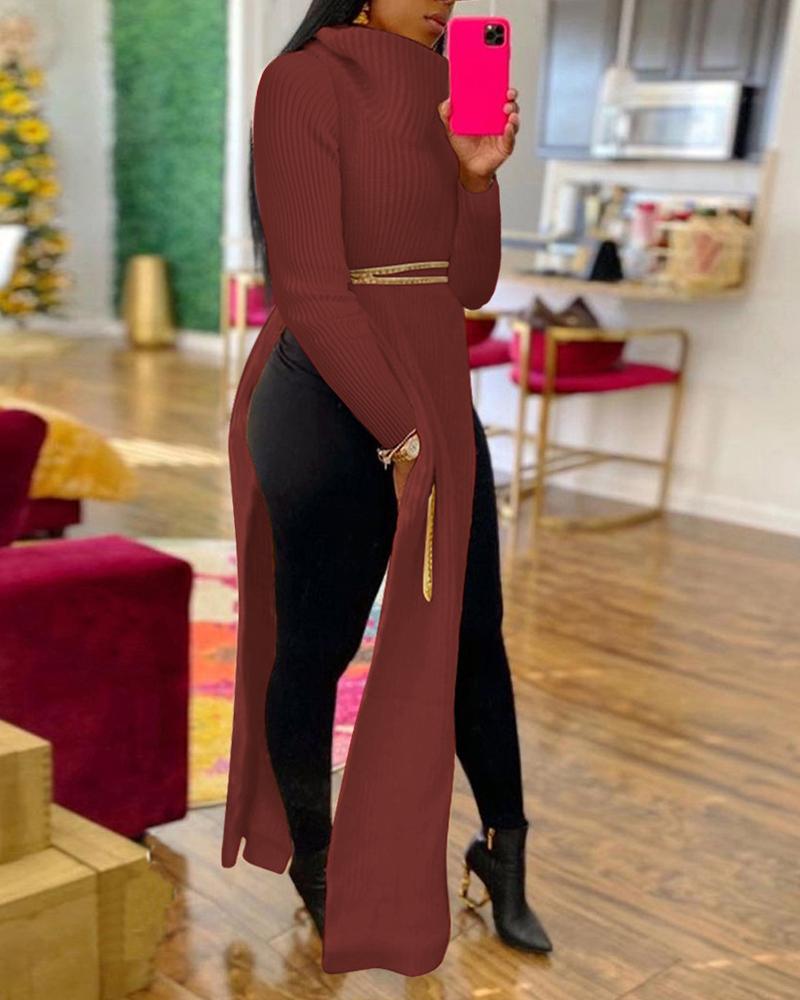 

Plus Size Long Sleeve High Slit Sweater Dress, Red