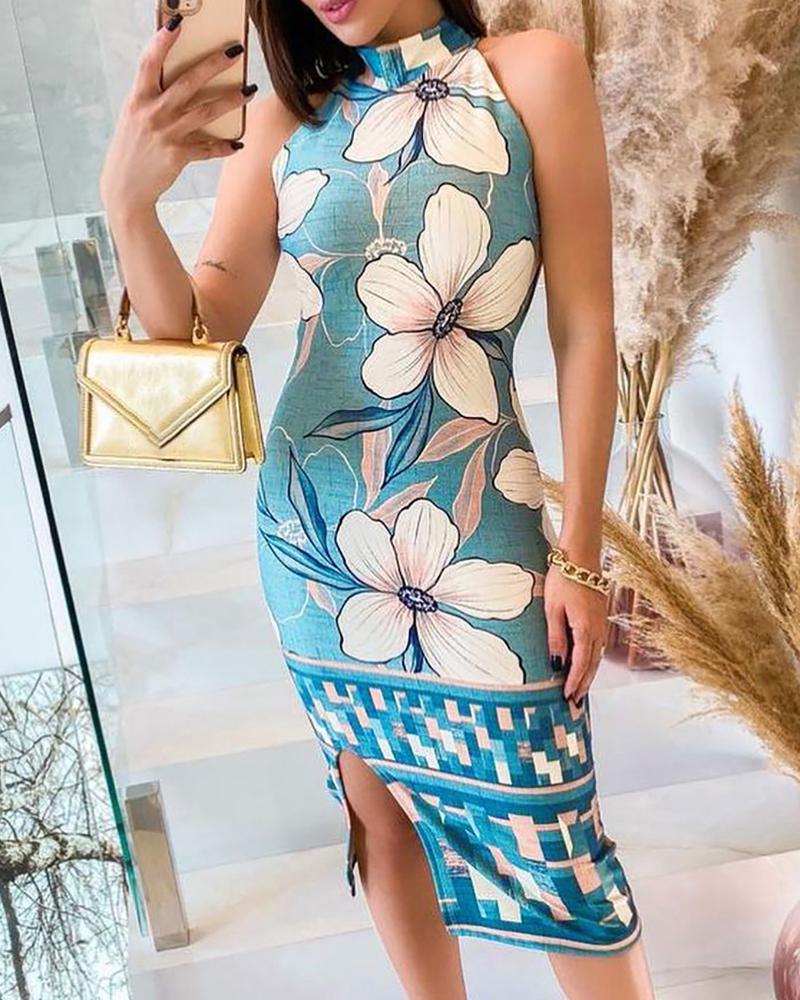 

Floral Print Sleeveless Slit Dress, Blue