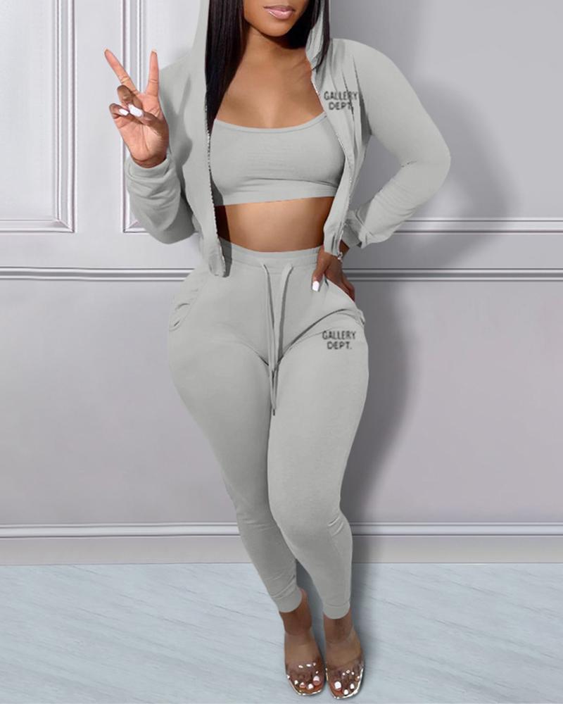 

Zipper Design Hoodie & High Waist Pants Set With Bralette, Gray