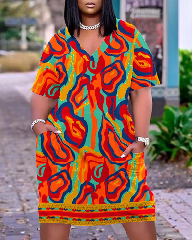 

Plus Size Multi-Color Abstract Print Casual Dress, Orange