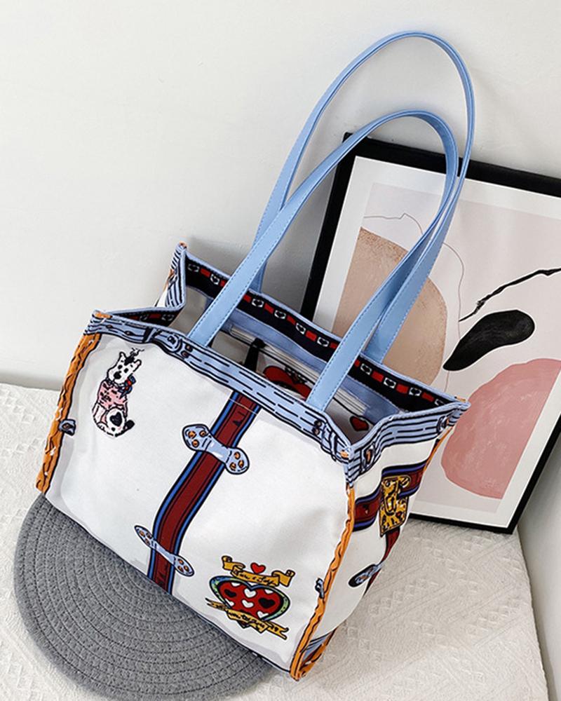 

Cartoon Print Large Capacity Tote Bag, Sky blue