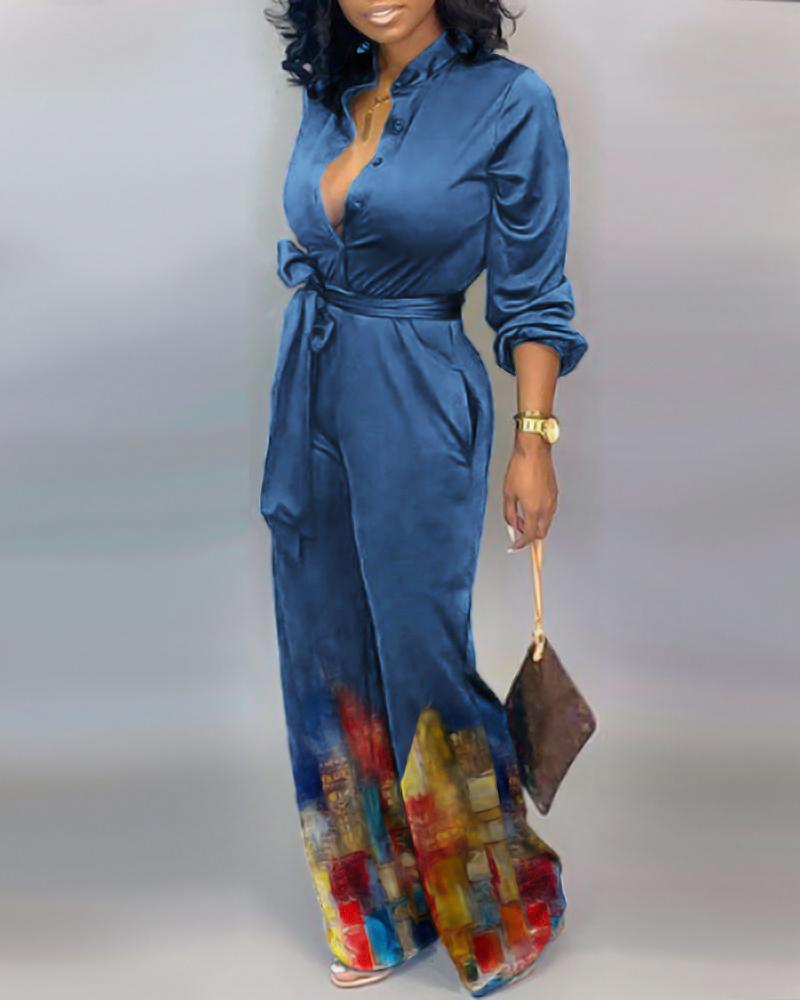 

Colorblock Tie Front Buttoned Casual Jumpsuit, Purplish blue