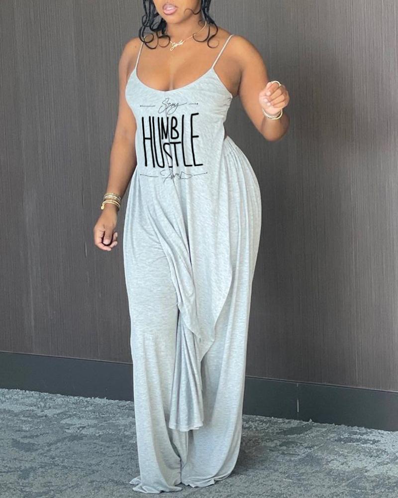 

Letter Print Spaghetti Strap Top & Pants Set, Gray