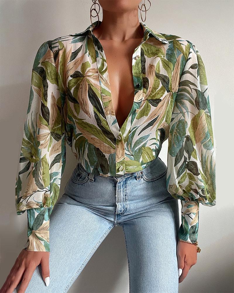 

Plants Print Lantern Sleeve Buttoned Chiffon Top, Green